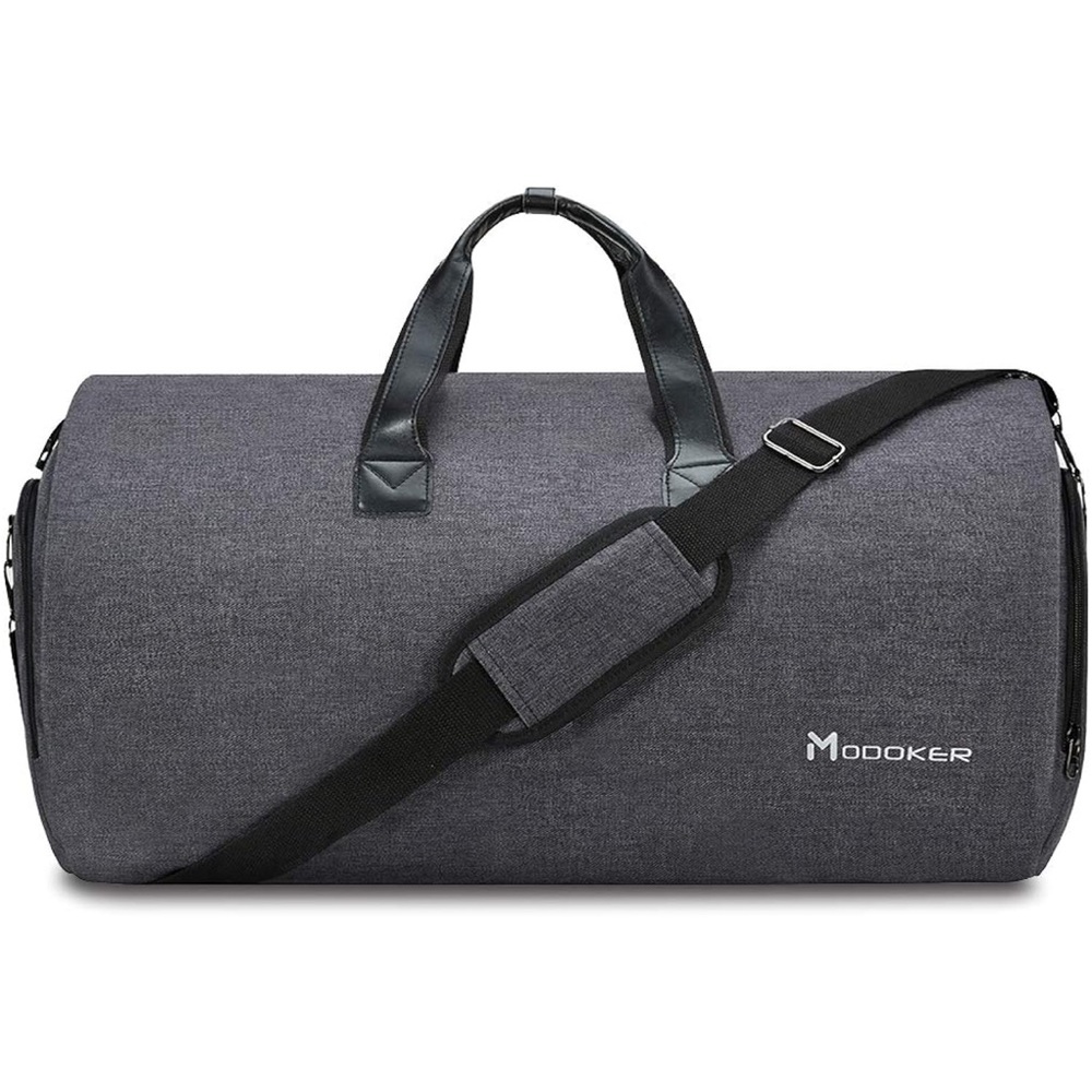 Gray Duffel Style carry-on Garment Bag with Leather Handles and Adjustable Strap